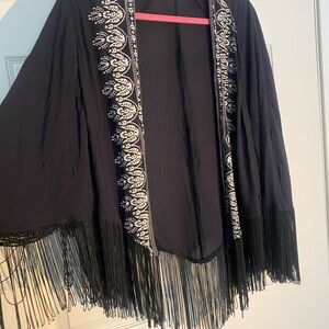 Hollister Black Fringed Boho Open Front Kimono Wrap Cardigan M/L